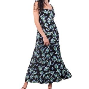 Mauby Black Maxi Dress with Green & Blue Floral Leaf Print
